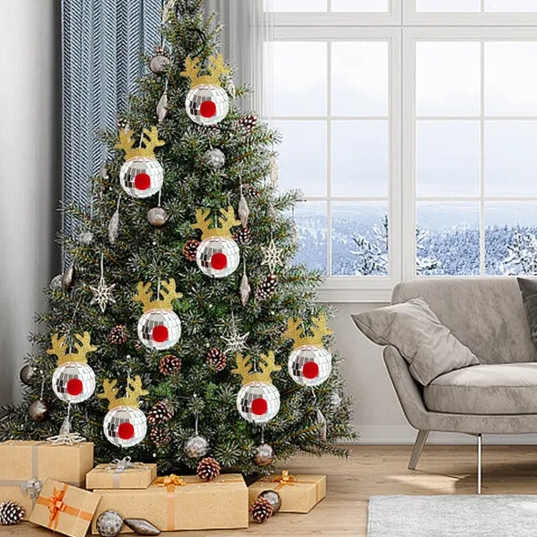 5PCS Disco Mirror Elk Horn Christmas Ball Silvery Xmas Tree Decoration Reflective Hanging Disco Balls Decor For Christmas Holiday Wedding Birthday Disco Party Ornament Supplies - Image 4